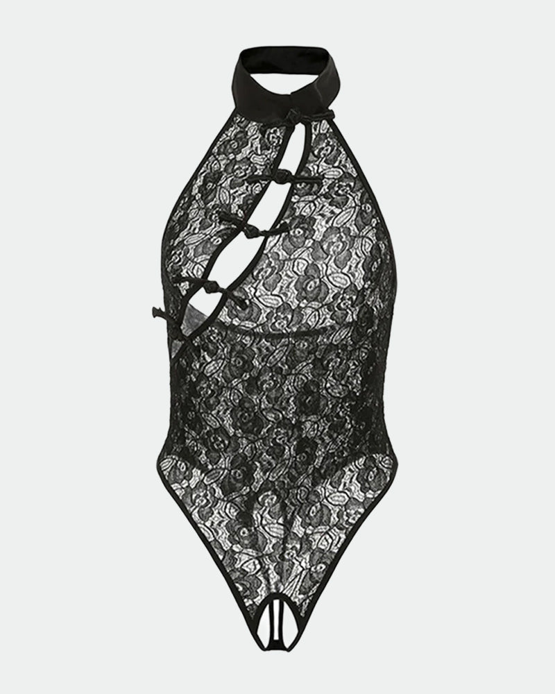 Black open-crotch cheongsam bodysuit with halter neck and lattice lace panels