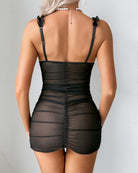 Back view black mesh embroidery nightdress with adjustable straps