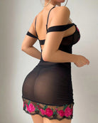 Black embroidered chemise with pink floral hem and lace back detail