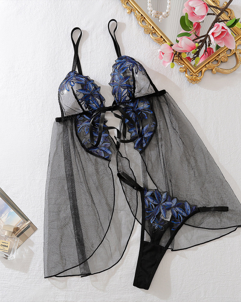 Dark blue mesh lace nightdress with embroidered cups, sheer tulle skirt, and matching thong
