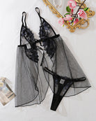 Dark blue mesh lace nightdress with sheer tulle drape, lace-trim cups, and adjustable straps