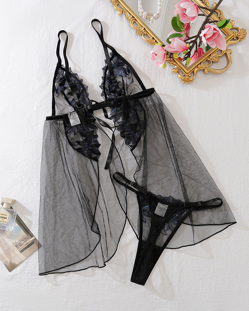 Dark blue mesh lace nightdress with sheer tulle drape, lace-trim cups, and adjustable straps