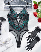 Embroidered polka-dot bodysuit and matching gloves, dark sheer mesh with teal floral accents