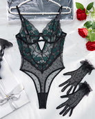 Front bodysuit with gloves set, dark sheer mesh with teal floral embroidery and dotted pattern