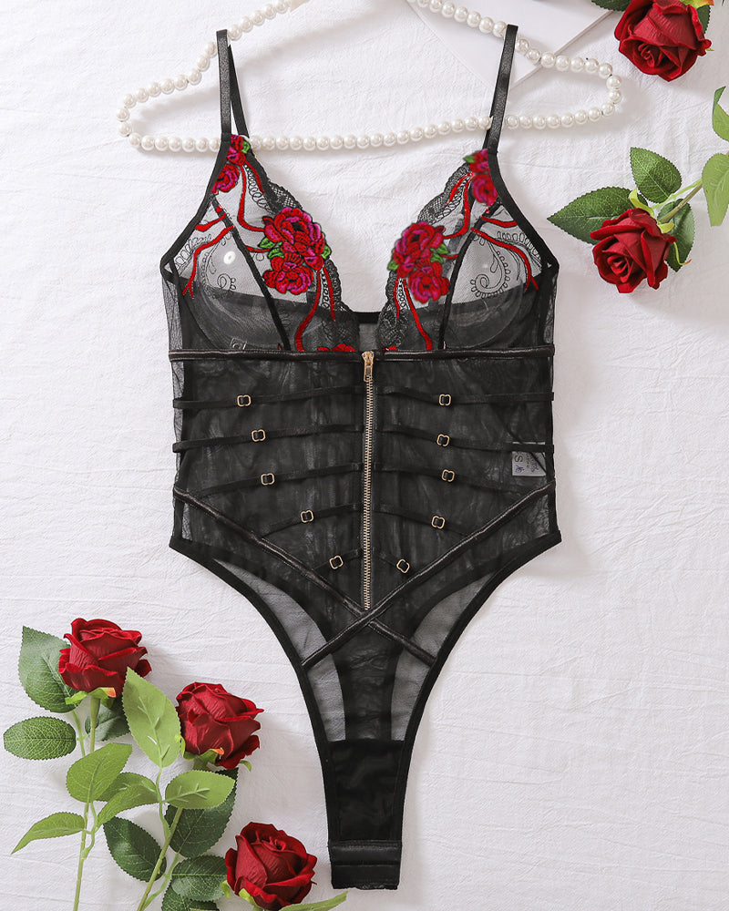 Black lace mesh bodysuit with red rose embroidery, front zipper, and thong back