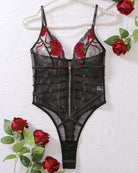 Black lace mesh bodysuit with red rose embroidery, front zipper, and thong back