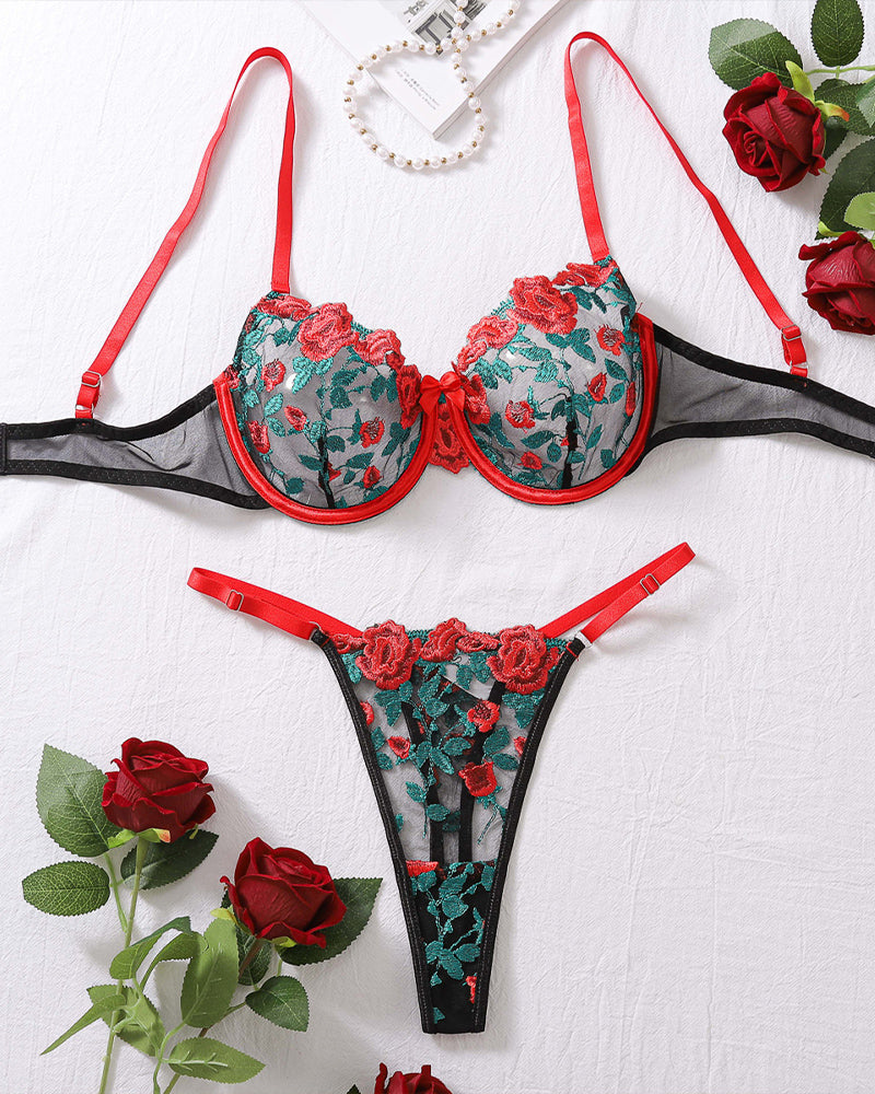 Black sheer bra and thong set with red straps and turquoise-red rose embroidery