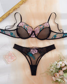 Embroidered mesh underwire bra and thong set, black with pink and blue floral embroidery