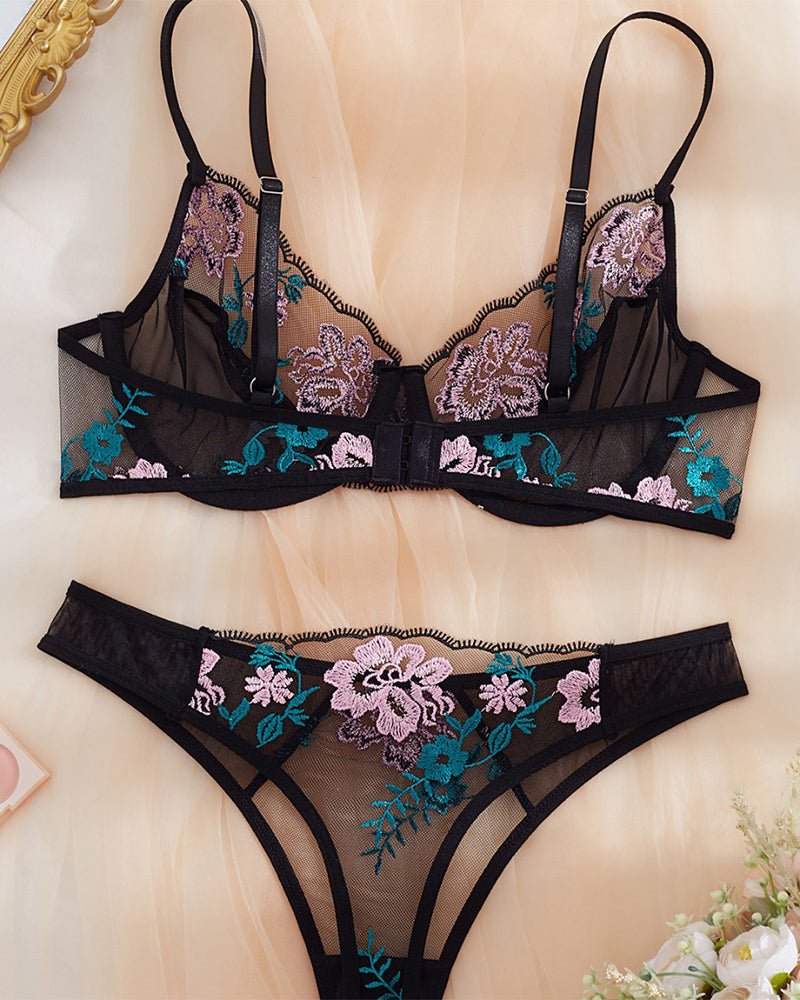 Embroidered mesh bra and thong, black with large purple floral center and teal accents
