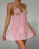 Pink embroidered deep V nightdress with floral lace cups, thin straps, and draped skirt