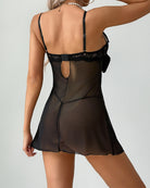 Black mesh lace cupless nightdress, lace back panel and adjustable straps