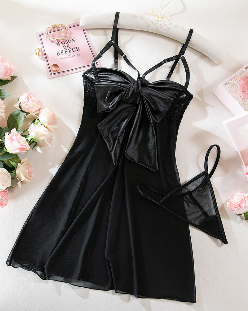 Black mesh lace nightdress with oversized satin bow and matching lace straps