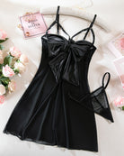 Black mesh lace nightdress with oversized satin bow and matching lace straps