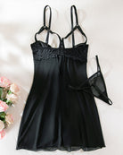 Black mesh lace cupless nightdress with gathered cups and long bow