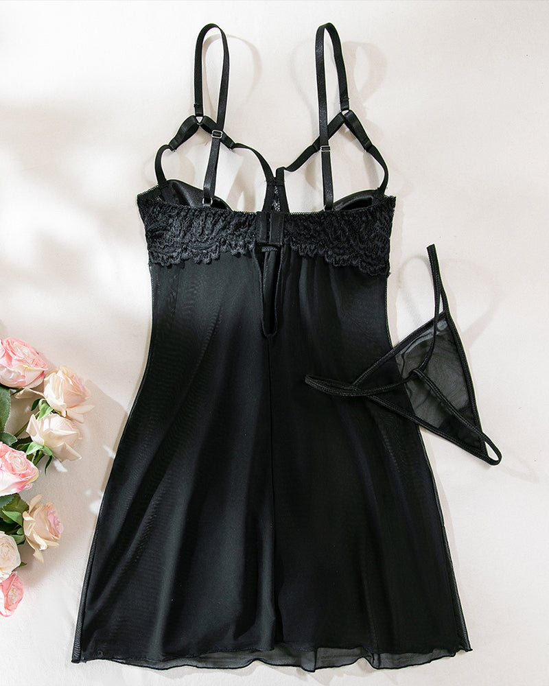 Black mesh lace cupless nightdress with gathered cups and long bow