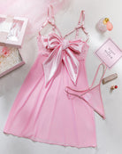Pink mesh lace cupless nightdress with big satin bow and lace cups