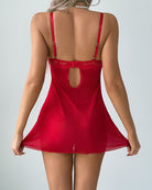 Red lace nightdress, open back cutout and adjustable straps with scalloped trim
