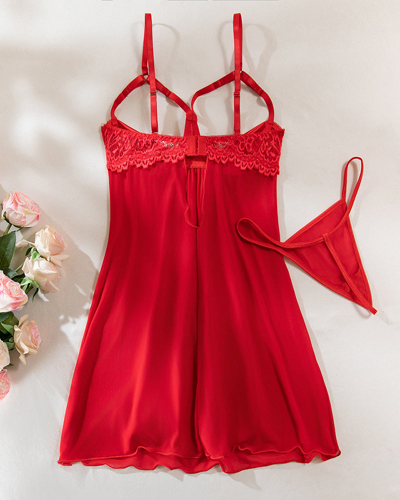 Red lace nightdress with two-strap open-back design and matching thong