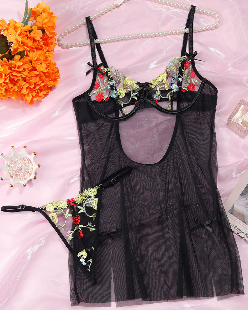 Black floral-trim sheer chemise nightdress with underwire cups and bow straps