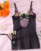 Black floral-trim sheer chemise nightdress with underwire cups and bow straps