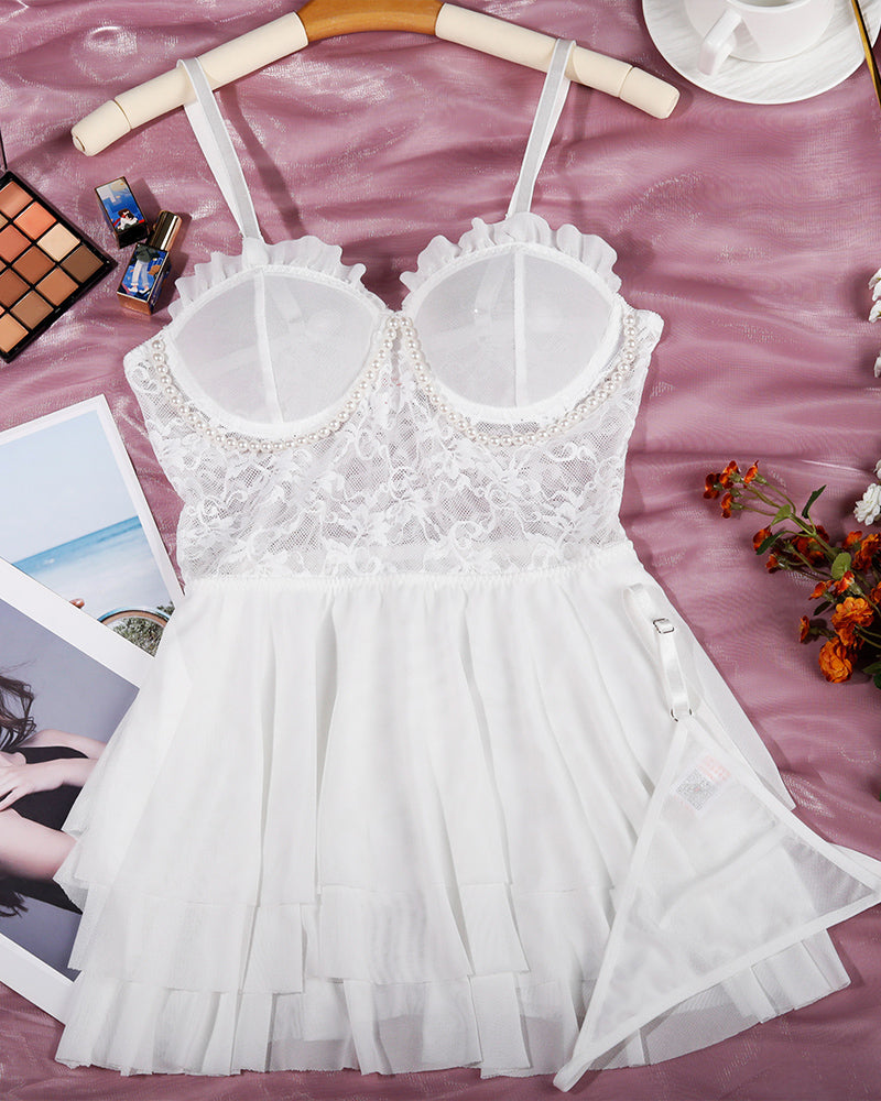 White lace mesh suspender nightdress set, underwire cups, ruffled layered skirt