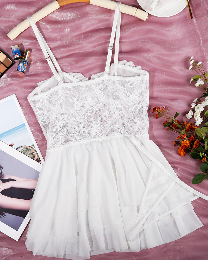 White lace mesh suspender nightdress set with thin straps and tiered ruffle skirt