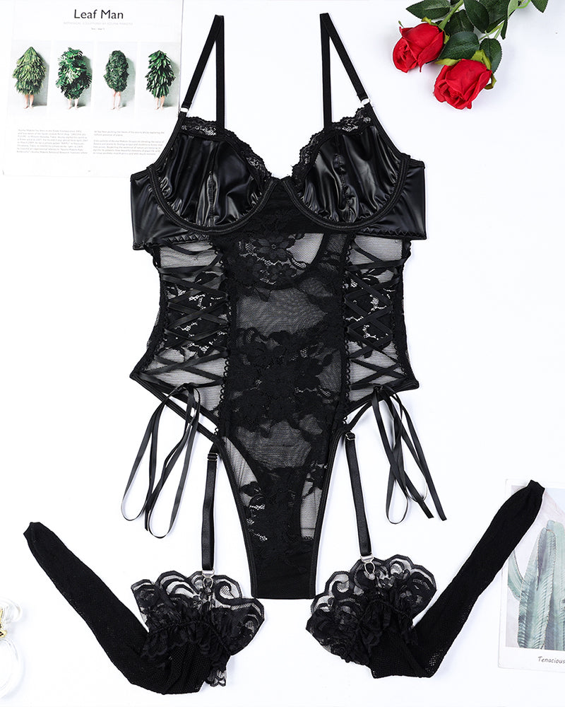 Black lace bodysuit with PU-look underwire cups and ribbon garter straps
