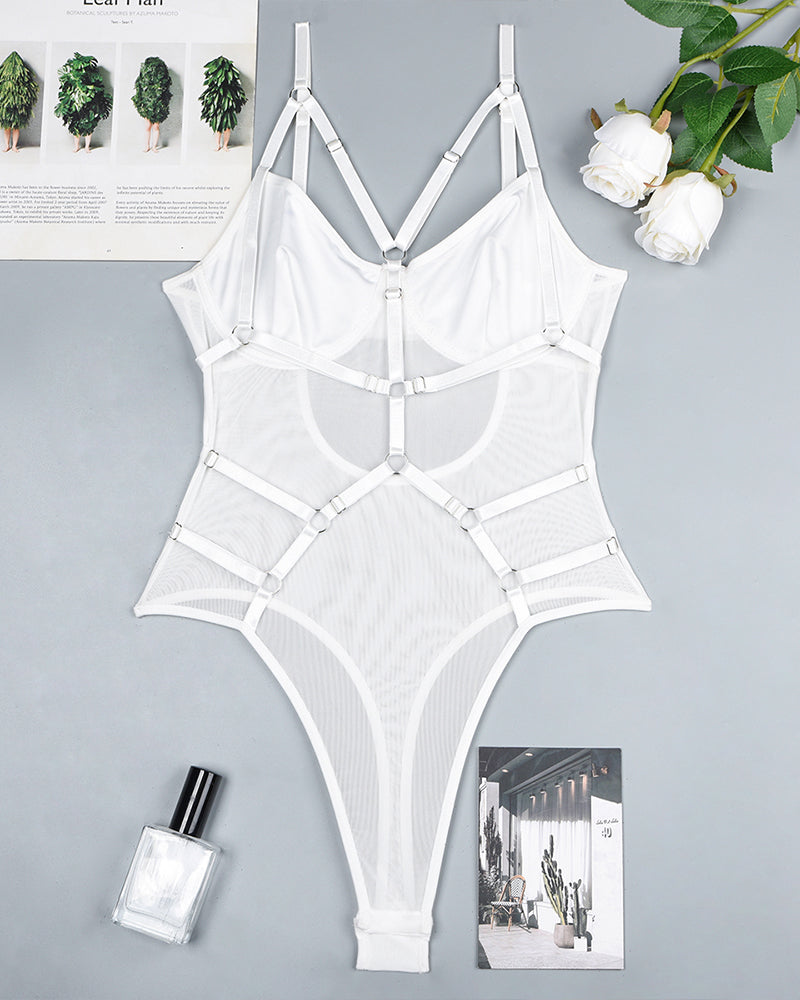 White mesh strappy see-through bodysuit with harness straps, flat-lay view