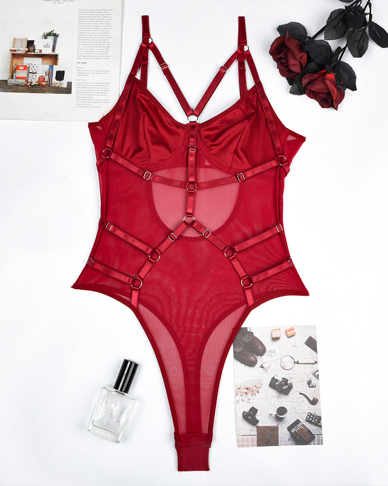 Wine red mesh strappy see-through bodysuit laid flat with front harness straps