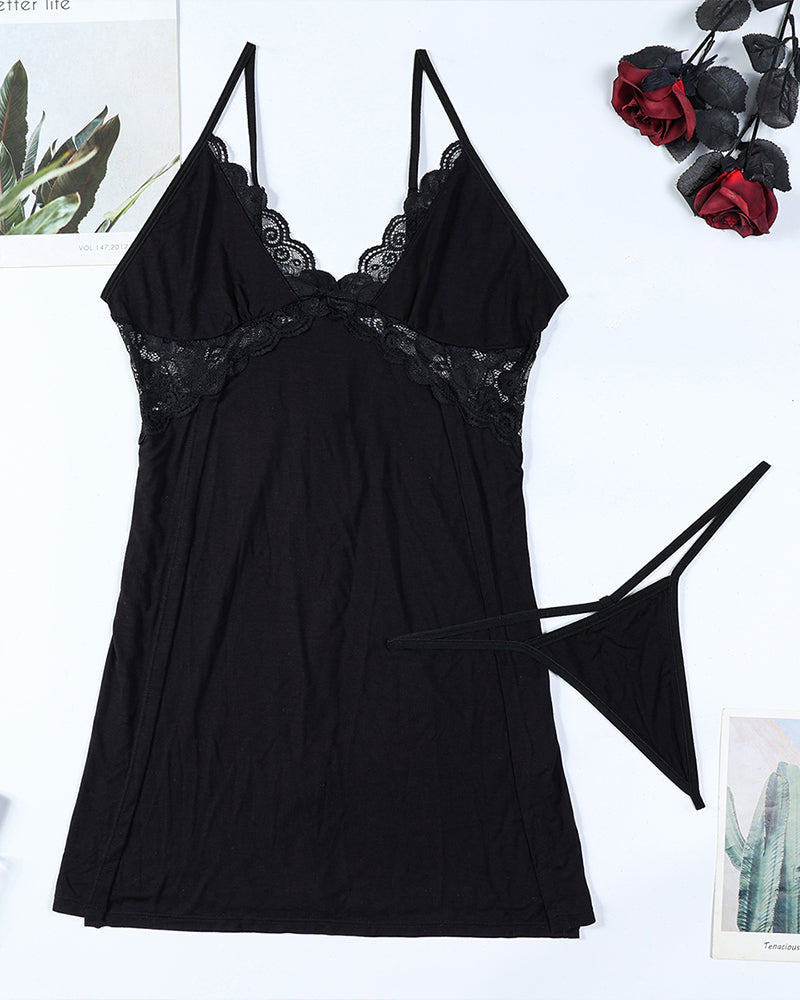 Black lace suspender nightdress flat lay, adjustable straps and front bow-tie