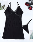 Black lace suspender nightdress flat lay, adjustable straps and front bow-tie