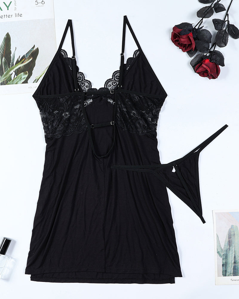 Black lace suspender nightdress flat lay, back straps and cutout panel