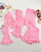 Pink heart-print long-sleeve pajama set, crop top and wide-leg pants, ruffled trim