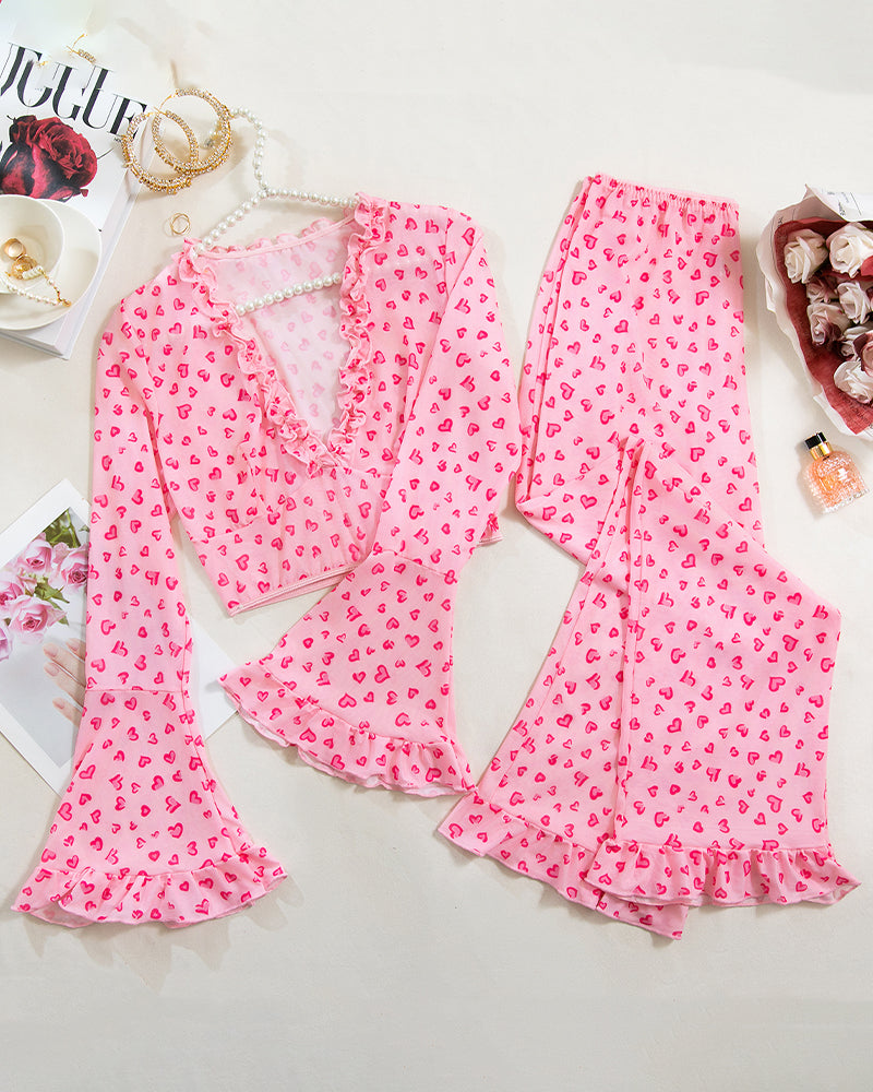 Pink heart-print long-sleeve pajama set, crop top and wide-leg pants, ruffled trim