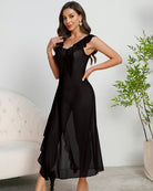 Black pleated lace side-slit mesh dress with deep V-neck and flowing layered skirt