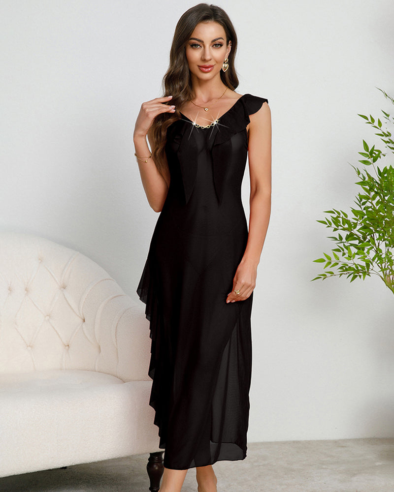 Black pleated lace side-slit mesh dress with deep V-neck and asymmetrical ruffle panels