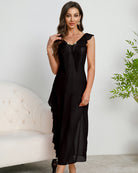 Black pleated lace side-slit mesh dress with deep V-neck and asymmetrical ruffle panels