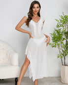 White pleated lace side-slit mesh dress with deep V-neck and ruffled cap-sleeve layers
