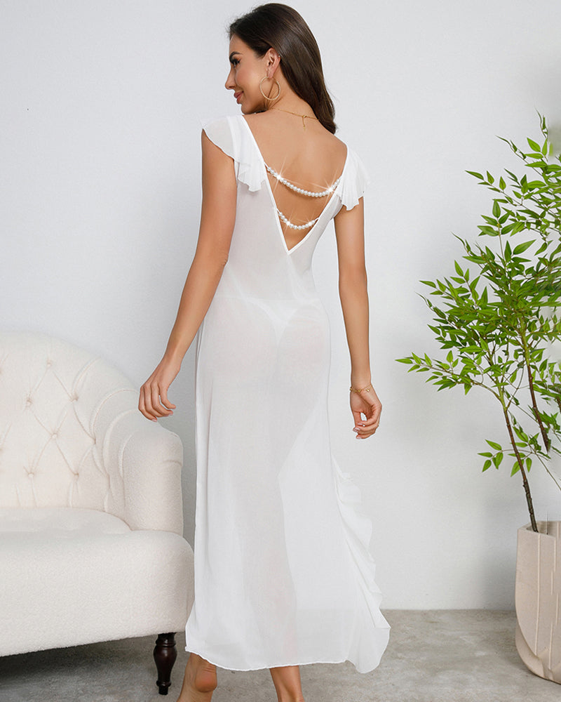 White side-slit mesh dress with deep back V-neck and pearl-trim neckline detail