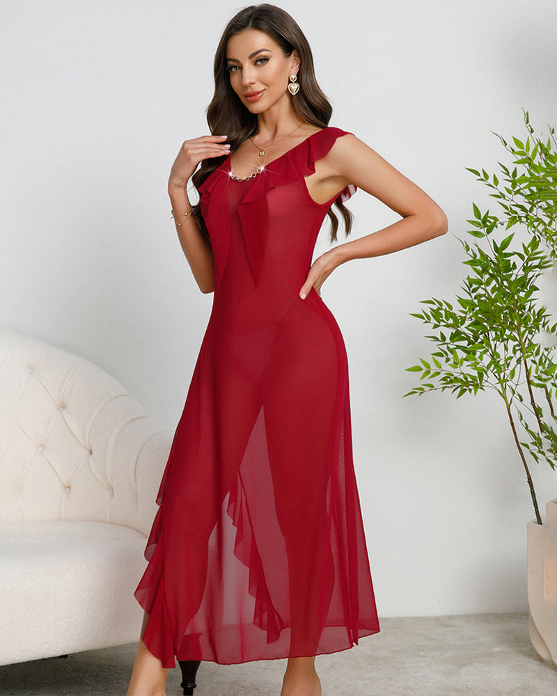 Wine-red mesh midi dress with deep V-neck, cap sleeves, pleated skirt and side slit