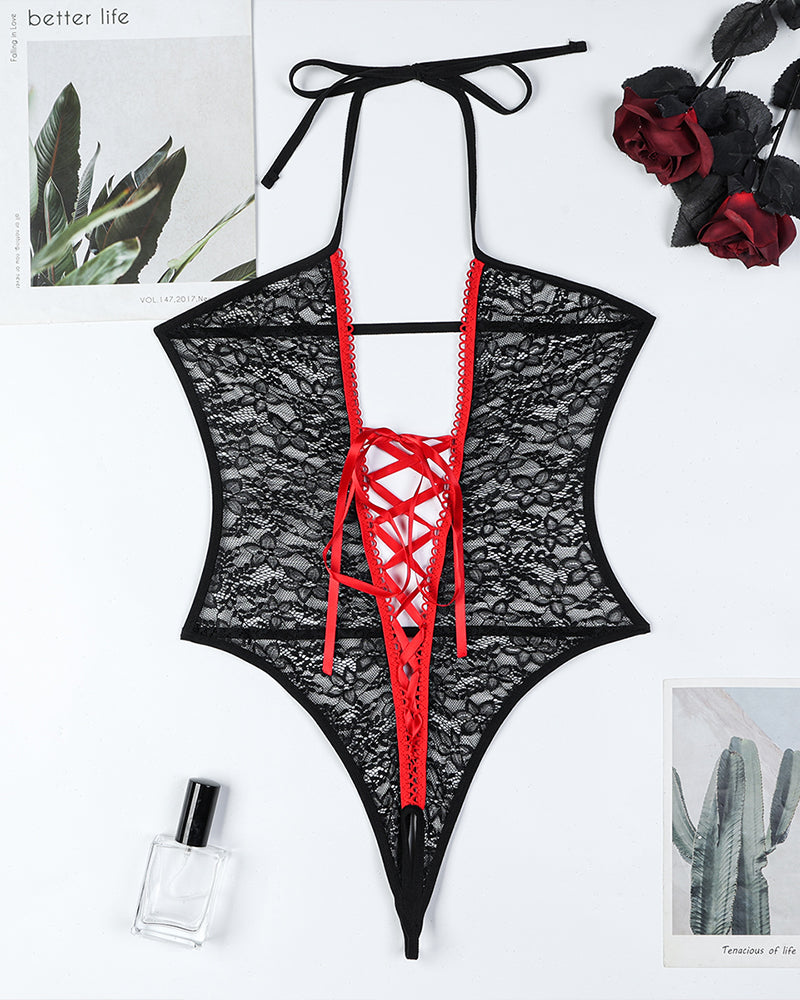 Black lace crotchless thong bodysuit with red lace-up front and halter neck tie