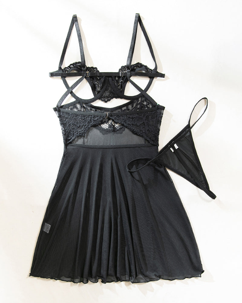 Black strappy lace nightdress with sheer skirt and bow-tied front