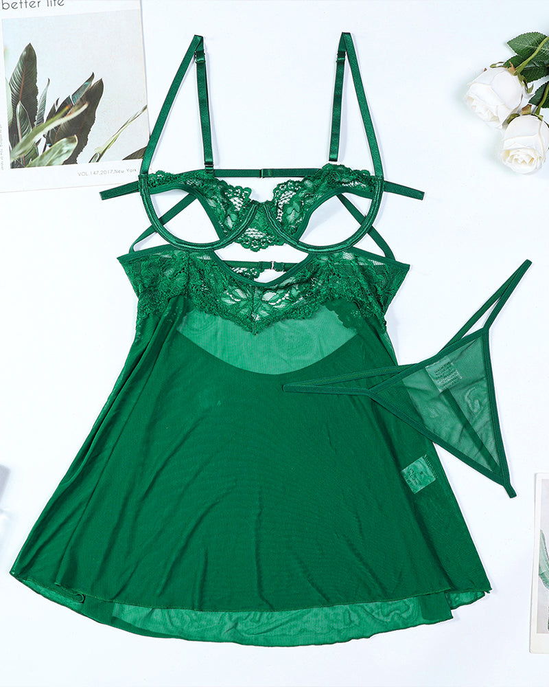 Green sheer cupless nightdress with lace bust, suspender straps, flared babydoll hem