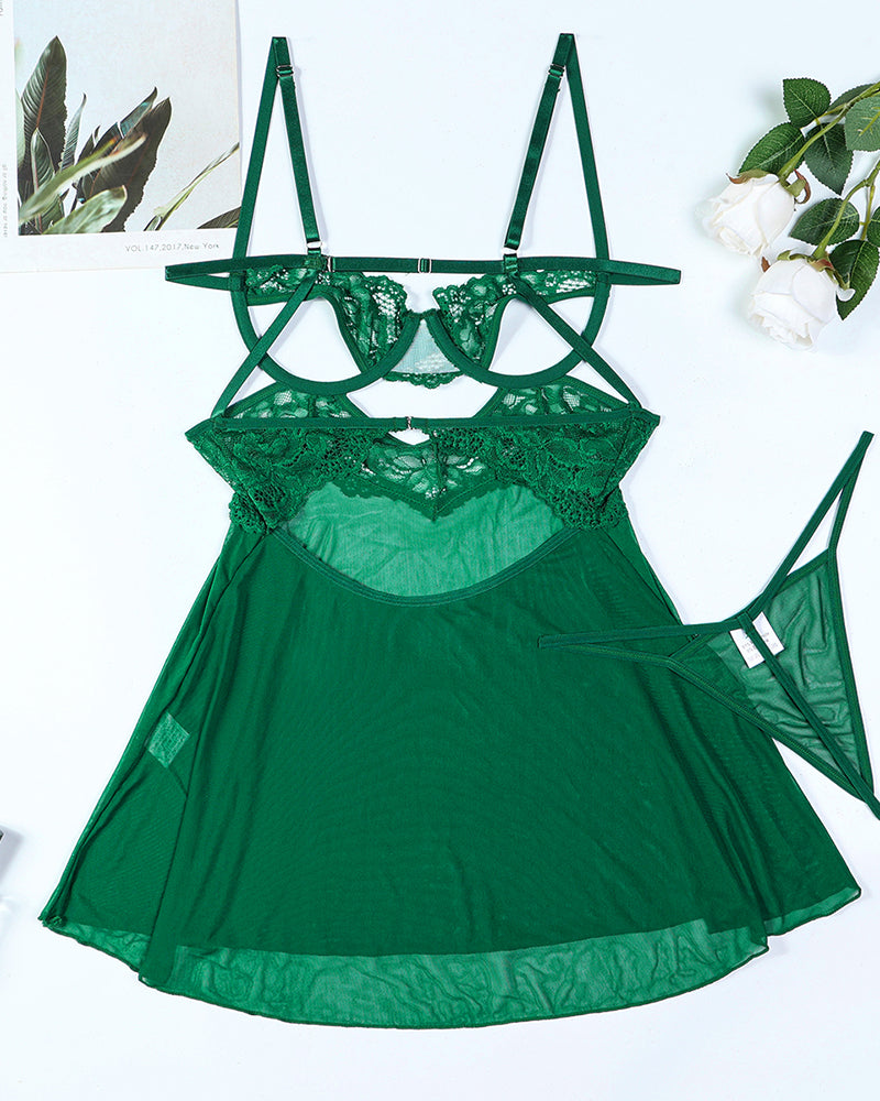 Green sheer cupless nightdress with lace trim, crisscross suspender straps, short flared skirt