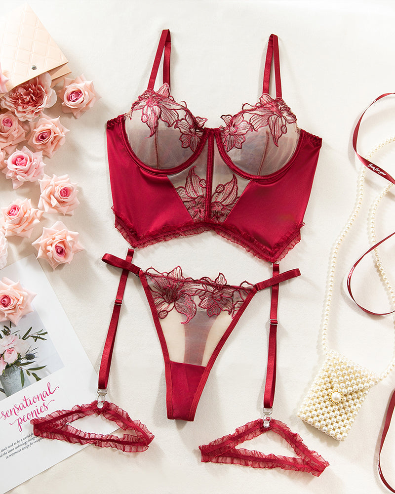 Wine red lingerie set with embroidered balconette bra, thong, and garter straps