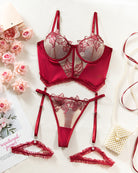 Wine red lingerie set with embroidered balconette bra, thong, and garter straps