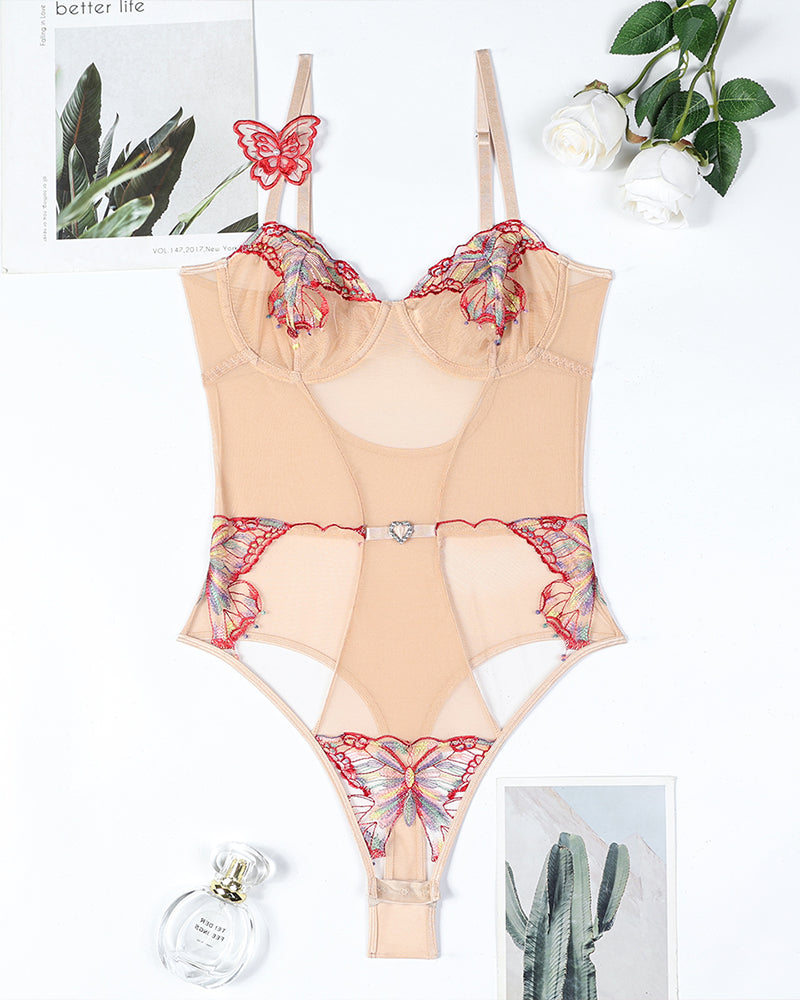 Apricot lace bodysuit set with butterfly embroidery, underwire cups, and thong bottom