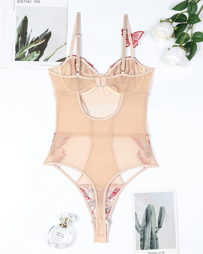 Apricot lace bodysuit set with butterfly appliques, adjustable straps, and thong bottom