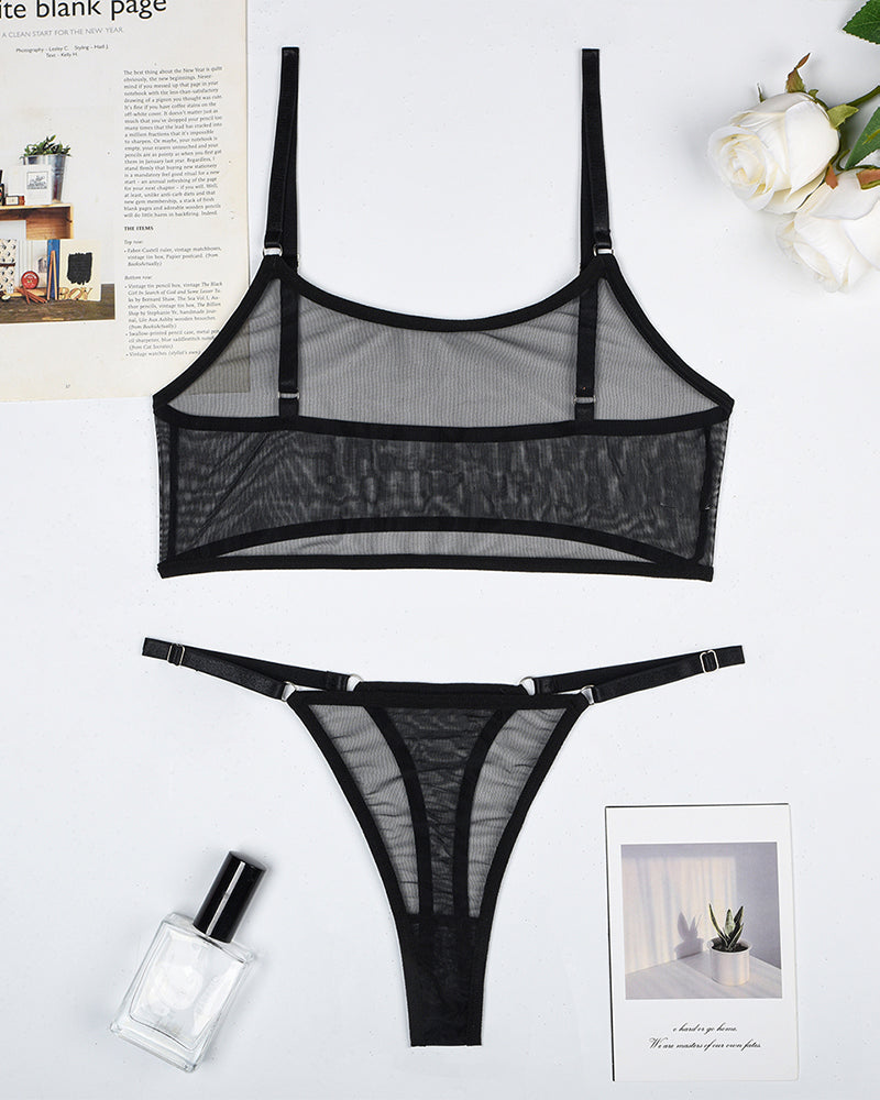 Camisole bra set with black mesh bra and matching black mesh thong, adjustable straps