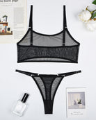 Camisole bra set with black mesh bra and matching black mesh thong, adjustable straps